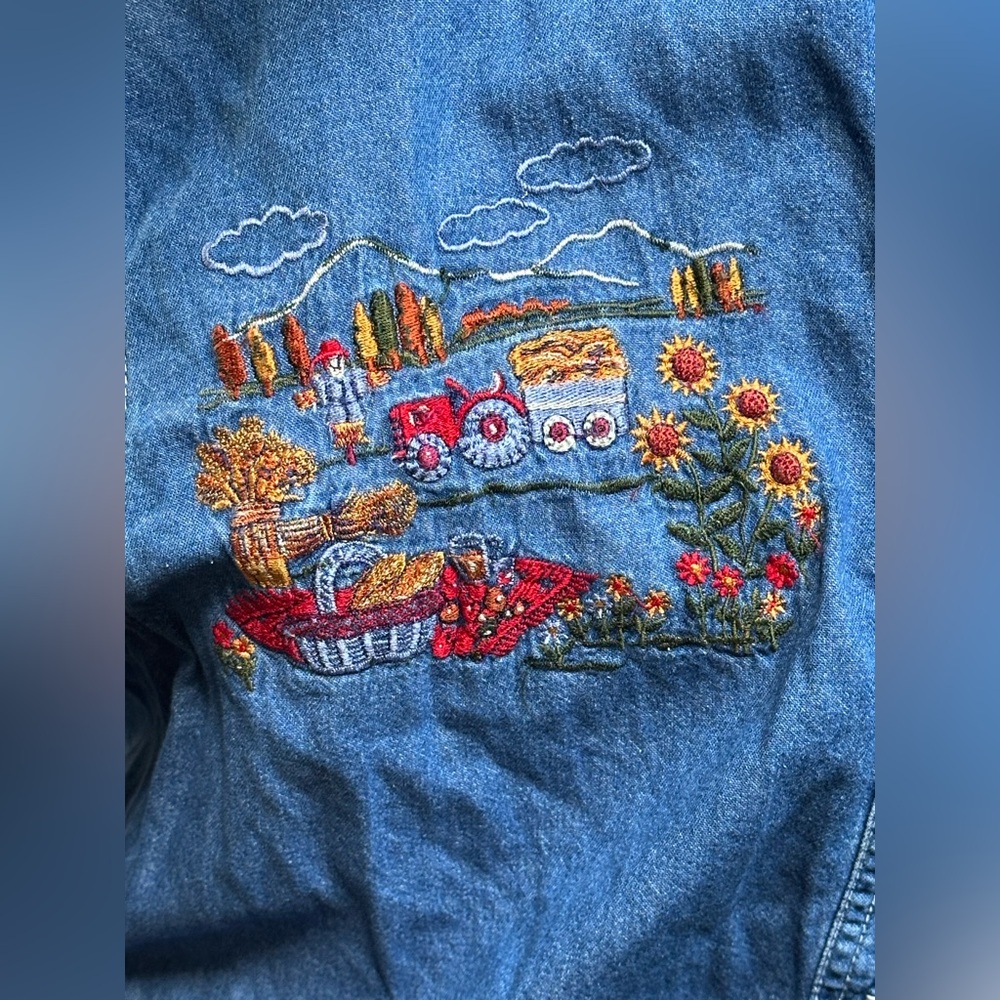SOLD Vintage Y2K Bobbie Brooks Denim Fall Harvest Embroidered Button Women’s L - Picture 3 of 13